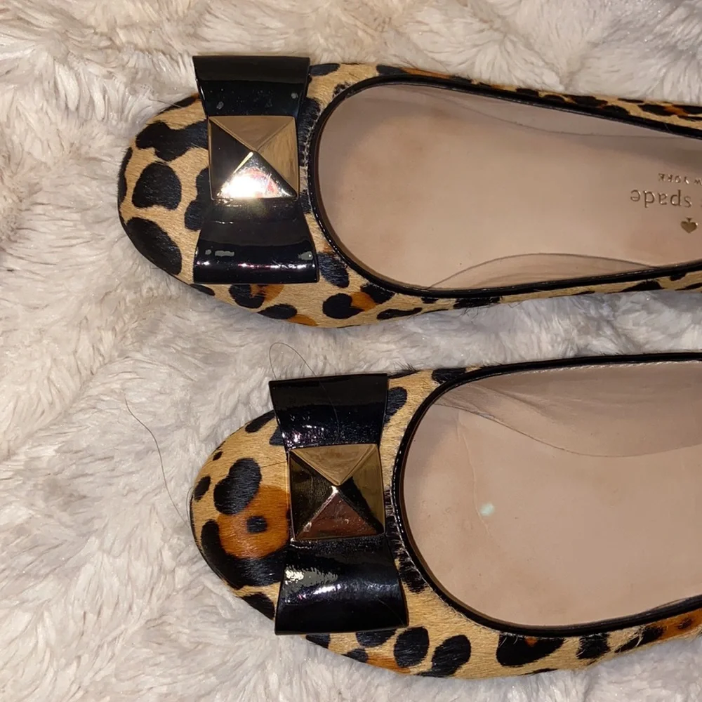 Kate Spade Leopard Cheetah Print Black Bow Calf Hair Flats Ballet Shoes